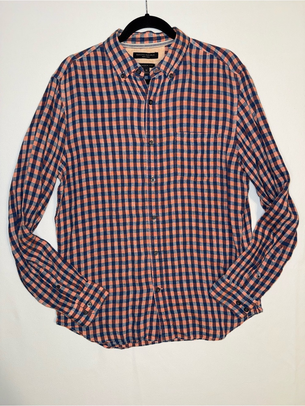Banana Republic Camden Fit Men's Navy & Coral Plaid Button-Down Linen Shirt Med